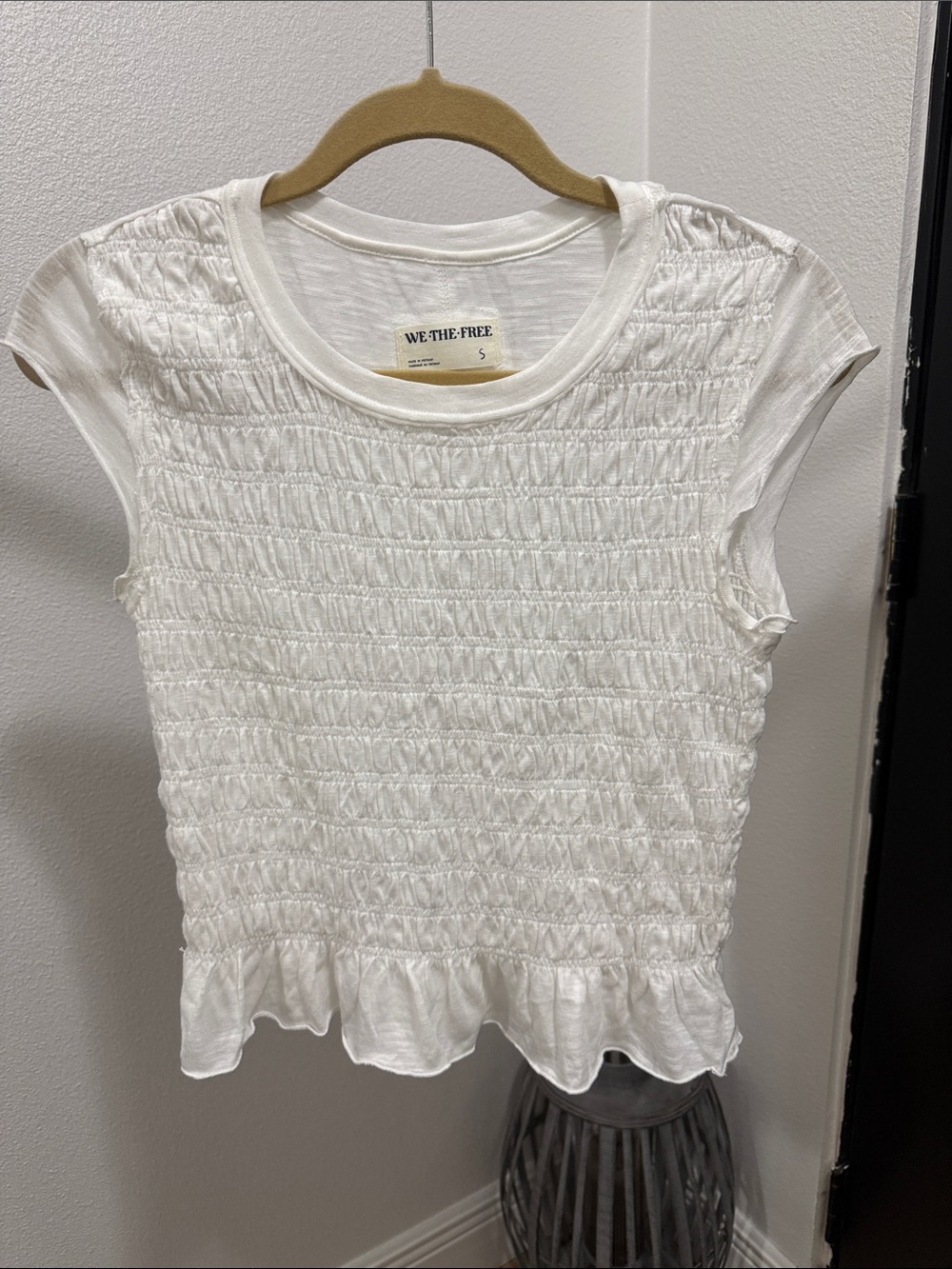 We The Free Ivory Smocked Short Sleeve Ruffle-Hem Top